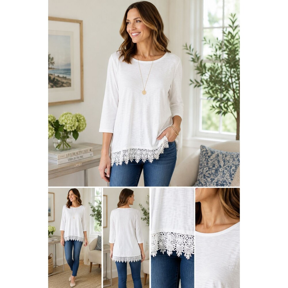 Talbots White Knit Tunic Top Women's Small Crochet Lace Hem 3/4 Sleeve Cotton
